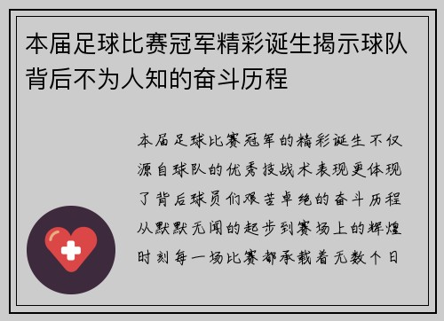 本届足球比赛冠军精彩诞生揭示球队背后不为人知的奋斗历程