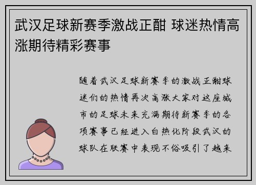 武汉足球新赛季激战正酣 球迷热情高涨期待精彩赛事