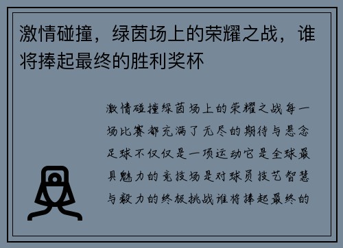 激情碰撞，绿茵场上的荣耀之战，谁将捧起最终的胜利奖杯