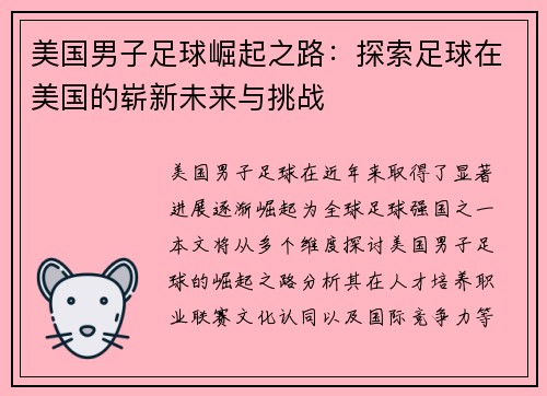 美国男子足球崛起之路：探索足球在美国的崭新未来与挑战