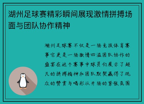 湖州足球赛精彩瞬间展现激情拼搏场面与团队协作精神