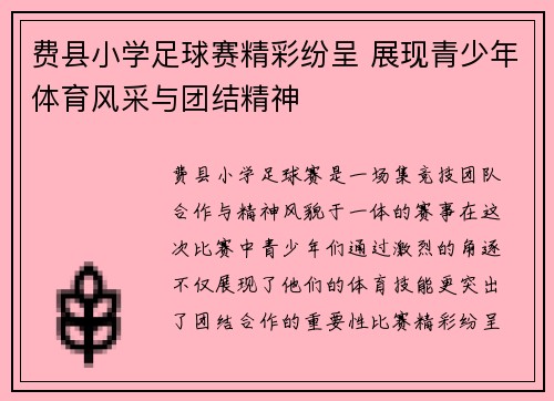 费县小学足球赛精彩纷呈 展现青少年体育风采与团结精神