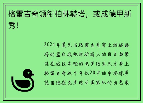 格雷吉奇领衔柏林赫塔，或成德甲新秀！