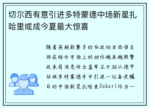 切尔西有意引进多特蒙德中场新星扎哈里或成今夏最大惊喜