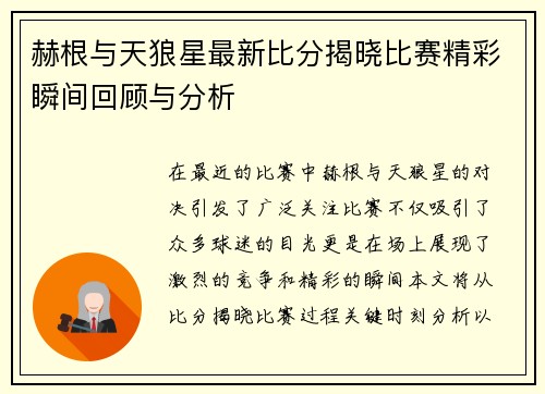赫根与天狼星最新比分揭晓比赛精彩瞬间回顾与分析