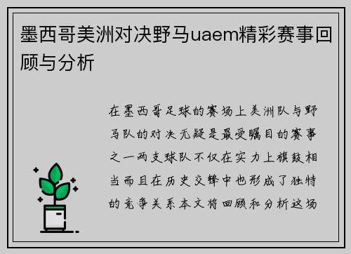 墨西哥美洲对决野马uaem精彩赛事回顾与分析